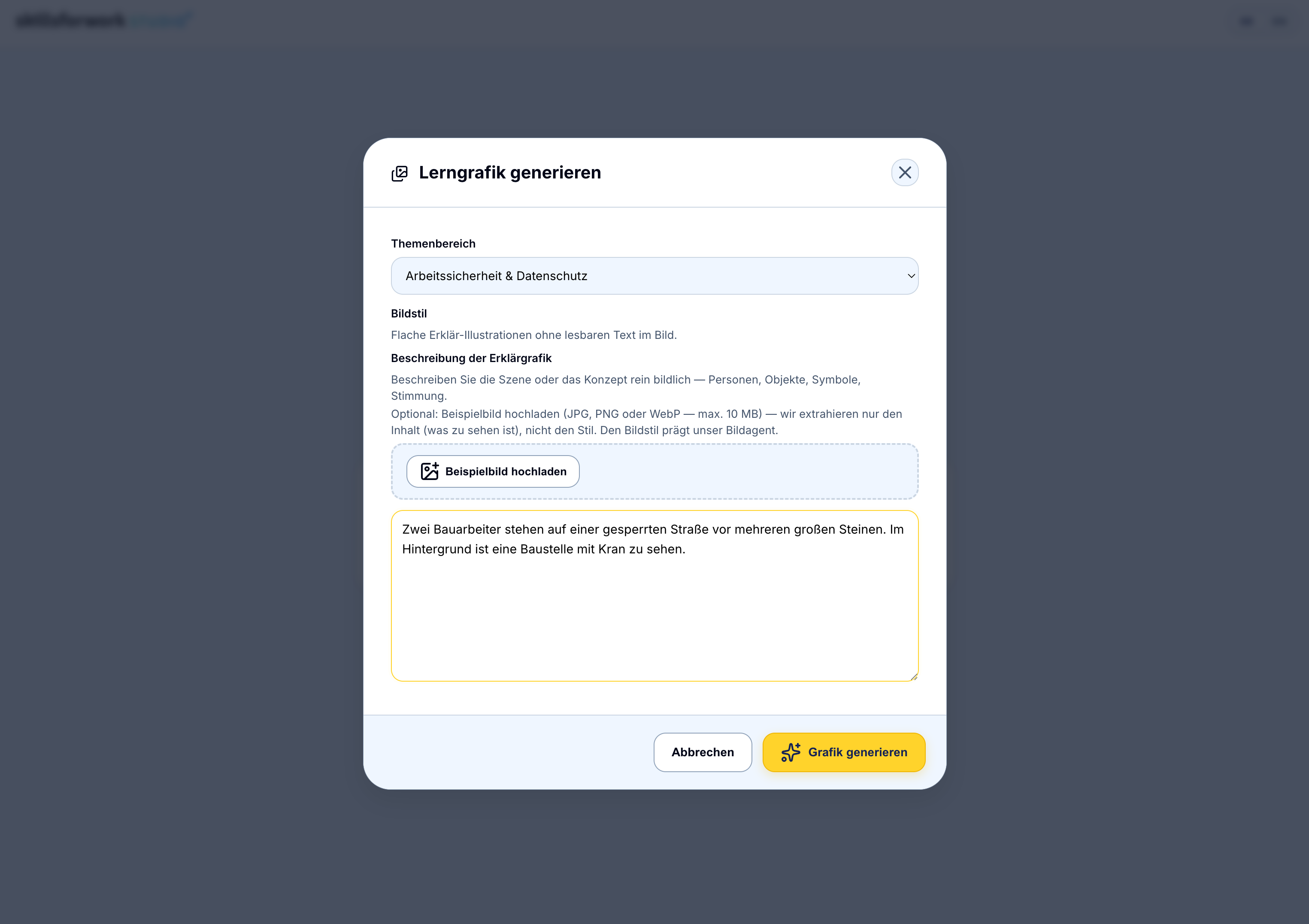 Studio Imagine: Eingabeformular mit Themenbereich, Bildstil und Beschreibung der Erklärgrafik.