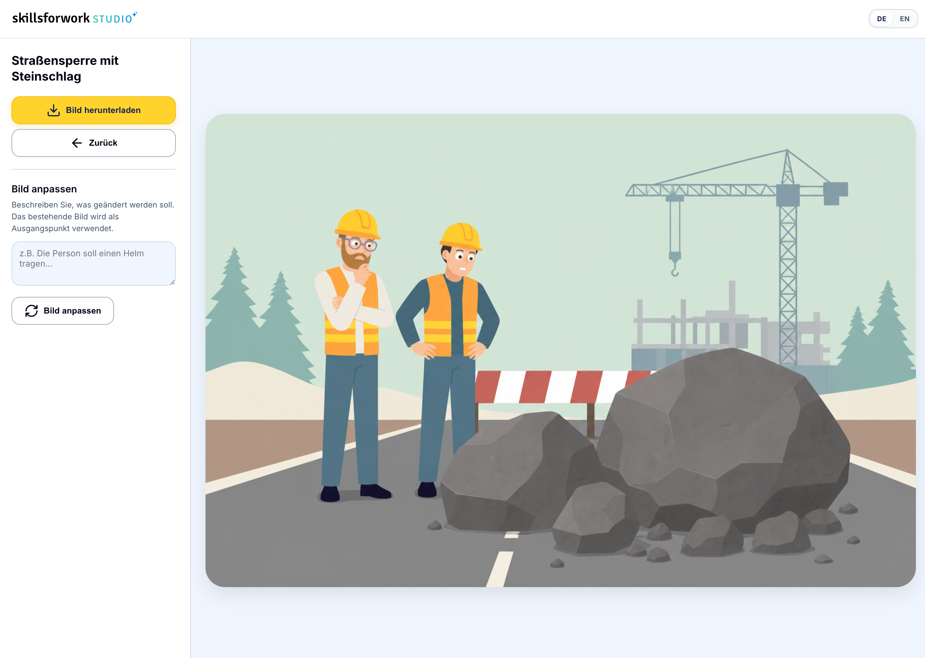 Studio Imagine: fertiges Lernbild im skillsforwork-Stil mit Download-Button und Anpassungs-Feld.