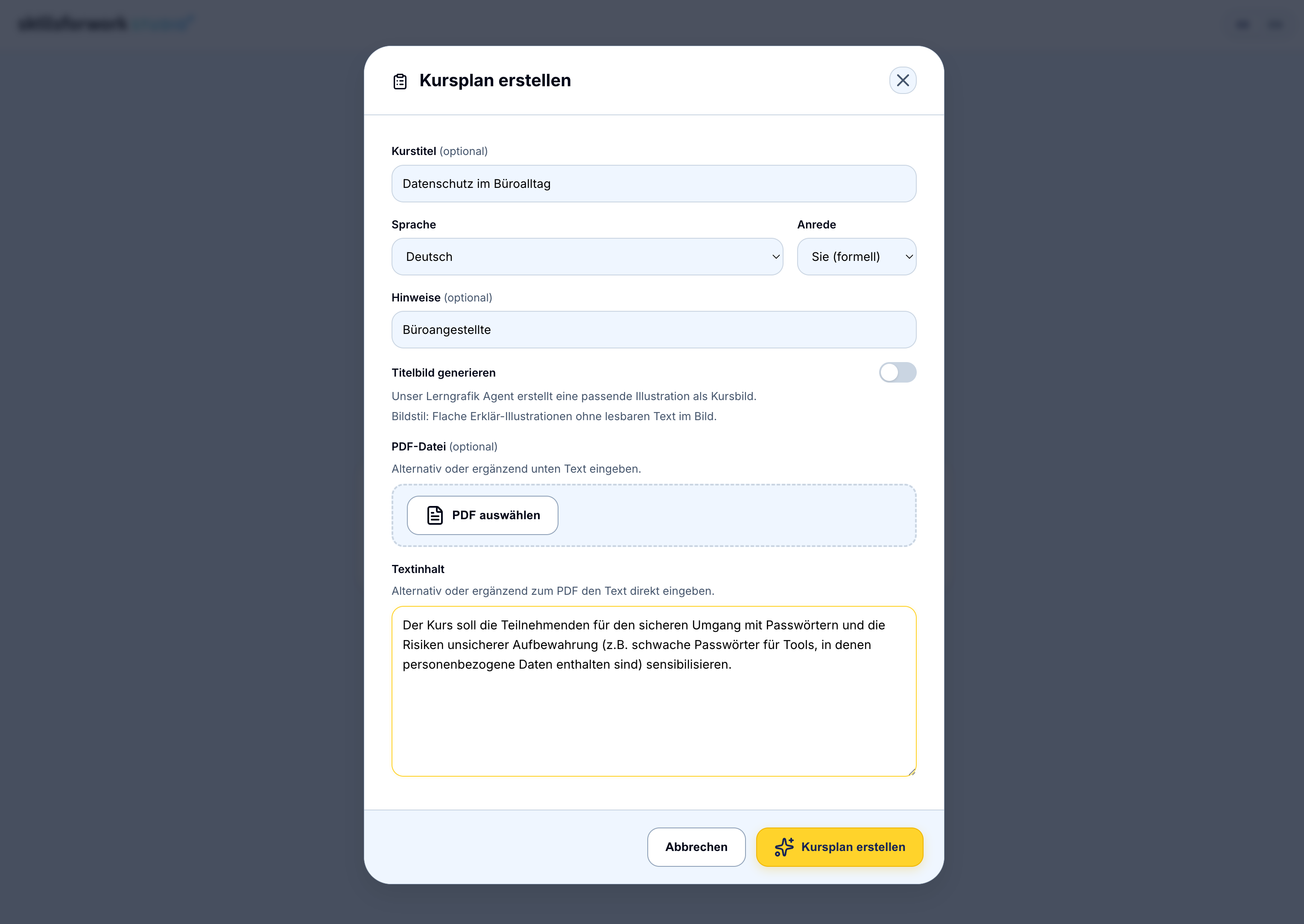 Studio Kursplaner: ausgefülltes Eingabeformular mit Thema, Sprache, Anrede und PDF-Anhang.