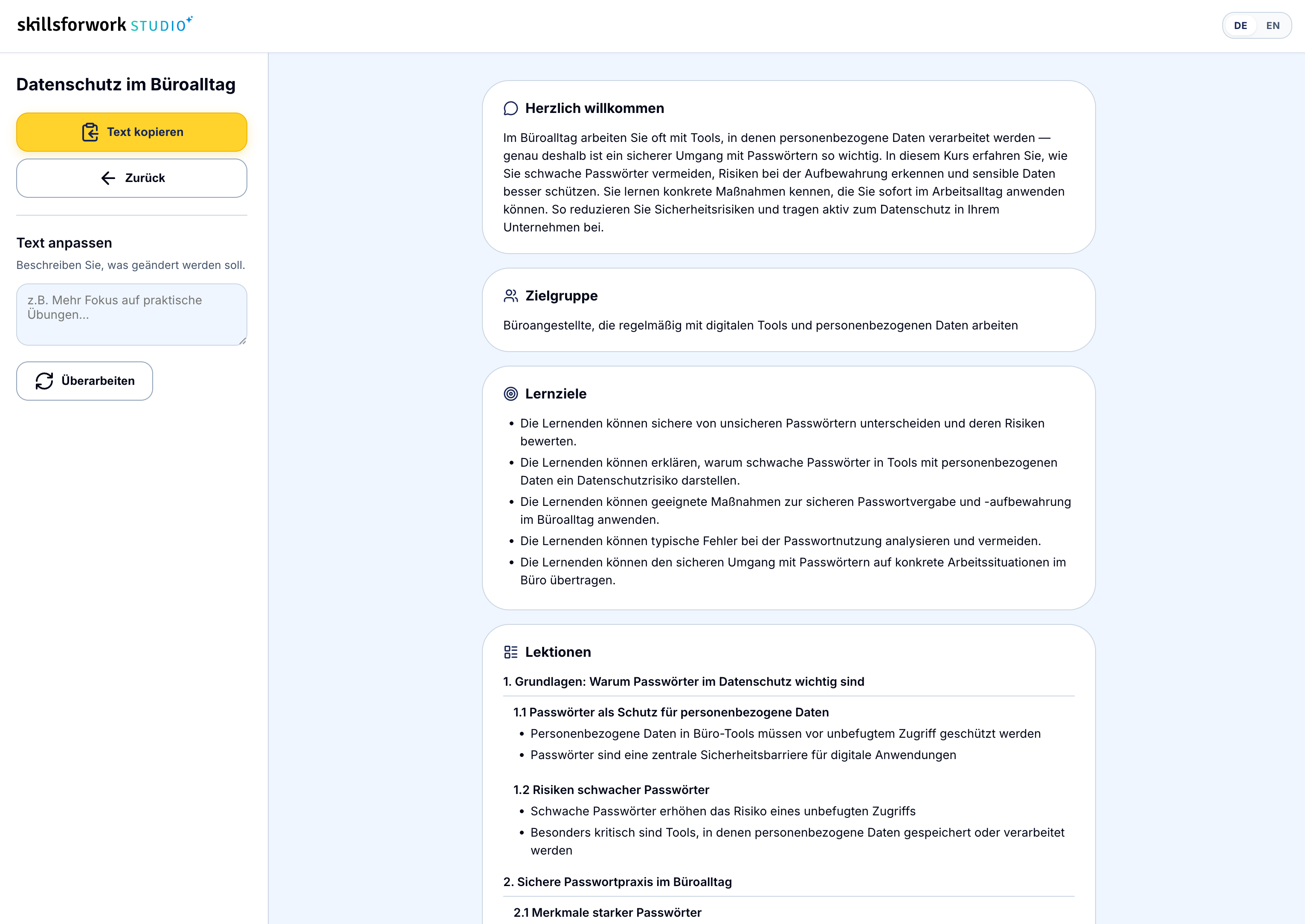 skillsforwork Studio — fertiger Kursplan mit Lernzielen und Kapitelstruktur